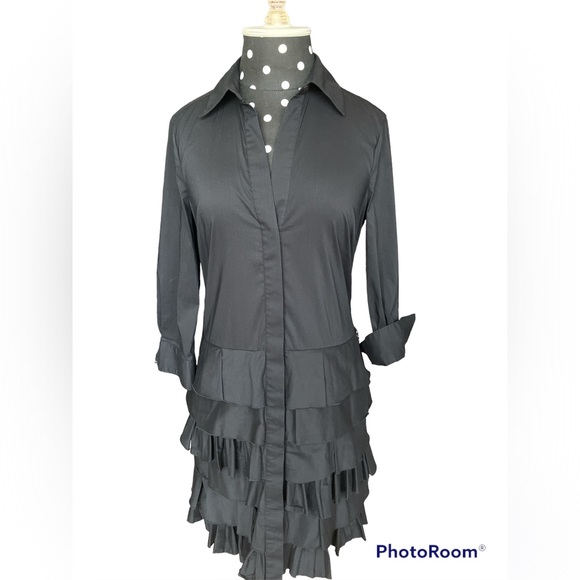 BCBGMaxAzria Dresses & Skirts - BCBGMAXAZRIA Black Ruffle Button down shirt Dress Size Small